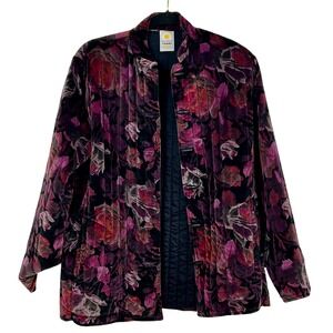 Sun n Sand Velvet Floral Quilted Jacket Kimono Size L Romantic Cozy Roses